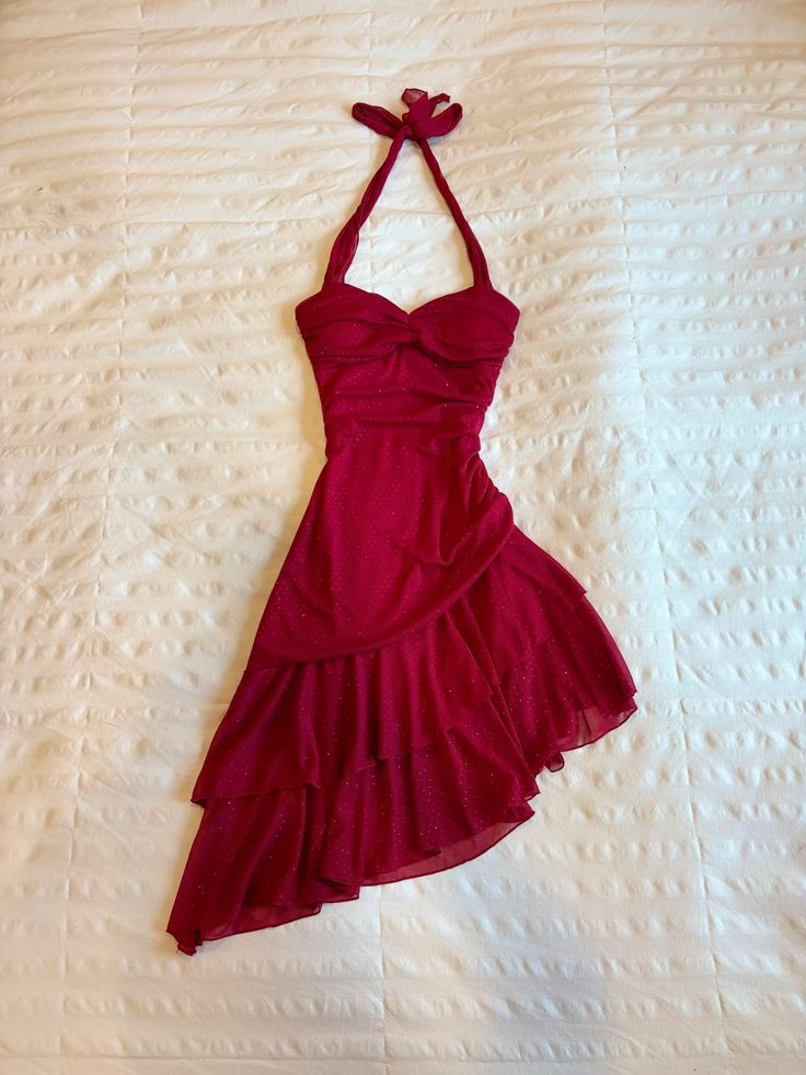 Halter A-Line Red Prom Dress Ruffle Evening Dress