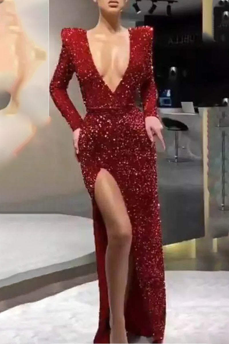 Sexy Formal Solid Sequined V Neck Evening Dress Dresses - VelvetHem