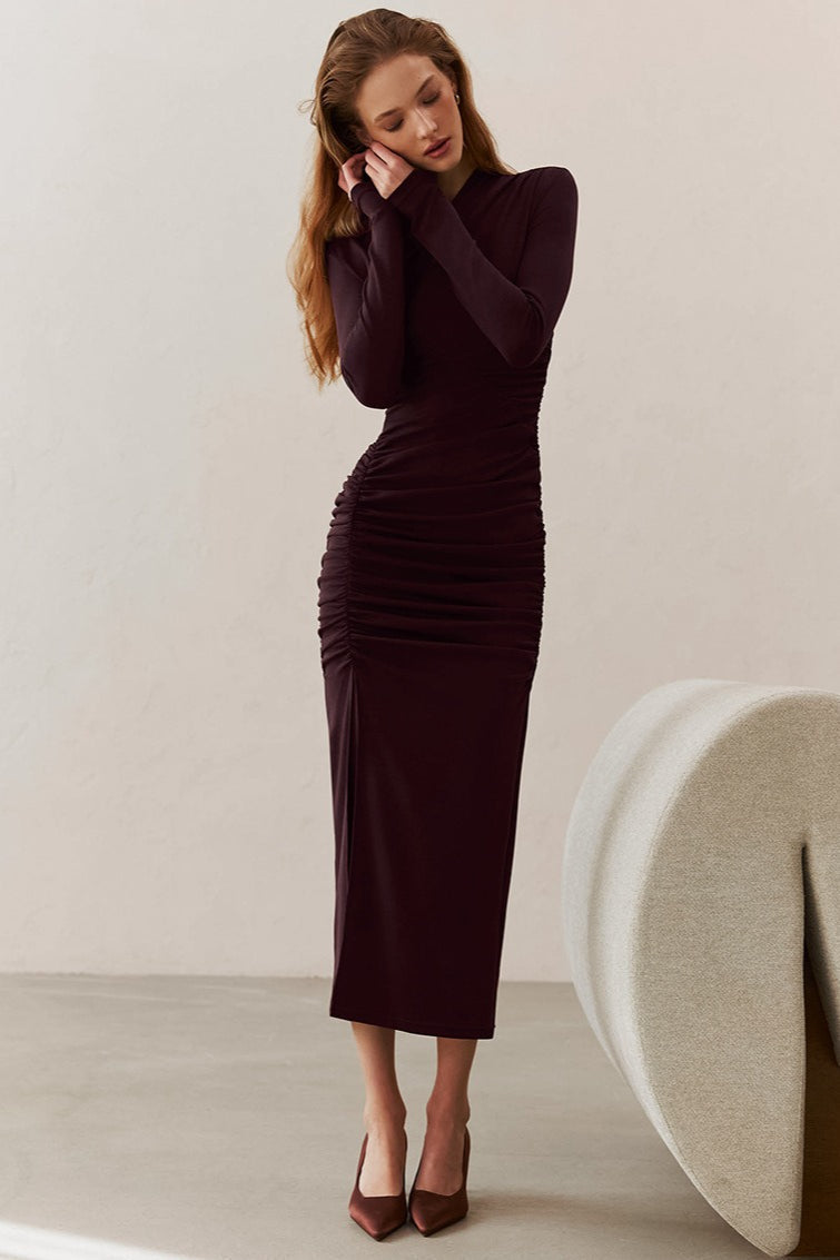 Ruched V Neck Long Sleeve Maxi Dress
