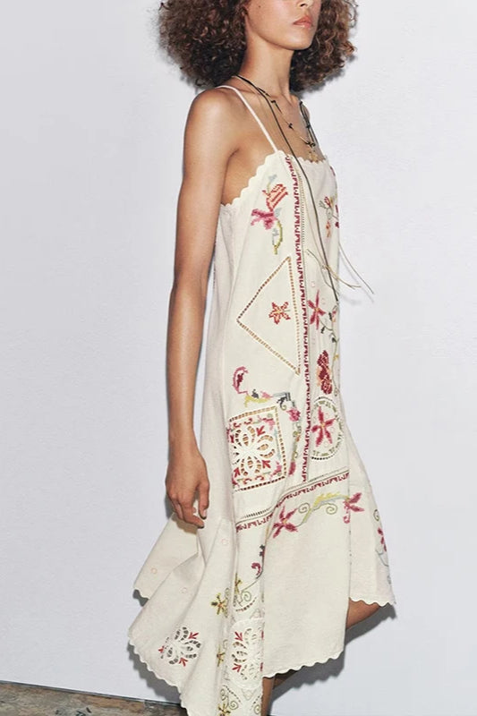 Floral Embroidered Asymmetric Dress with Relaxed Fit and Smart Casual Fashion