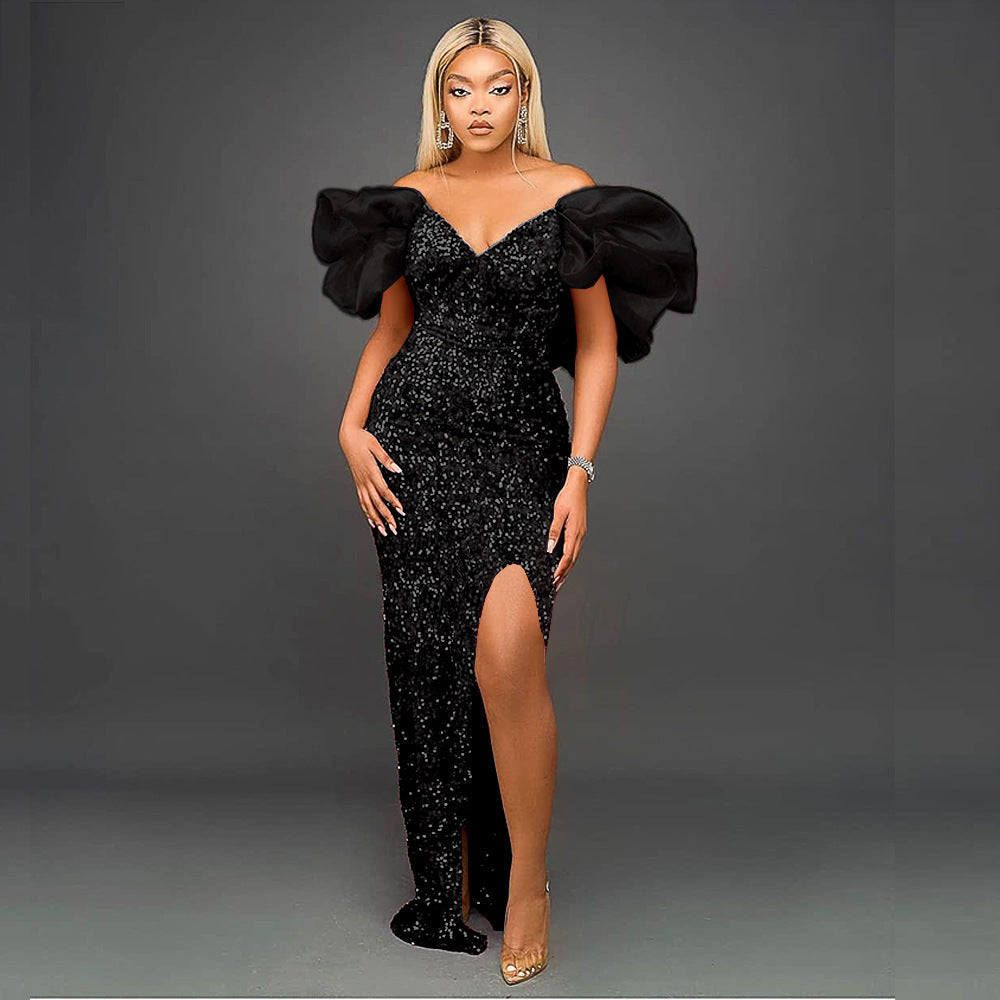 Sexy Ruffles V-neck Elegant Sequ High-End Maxi Dress Ladies Banquet Evening Dress Women Party Dre - View 7 | VelvetHem