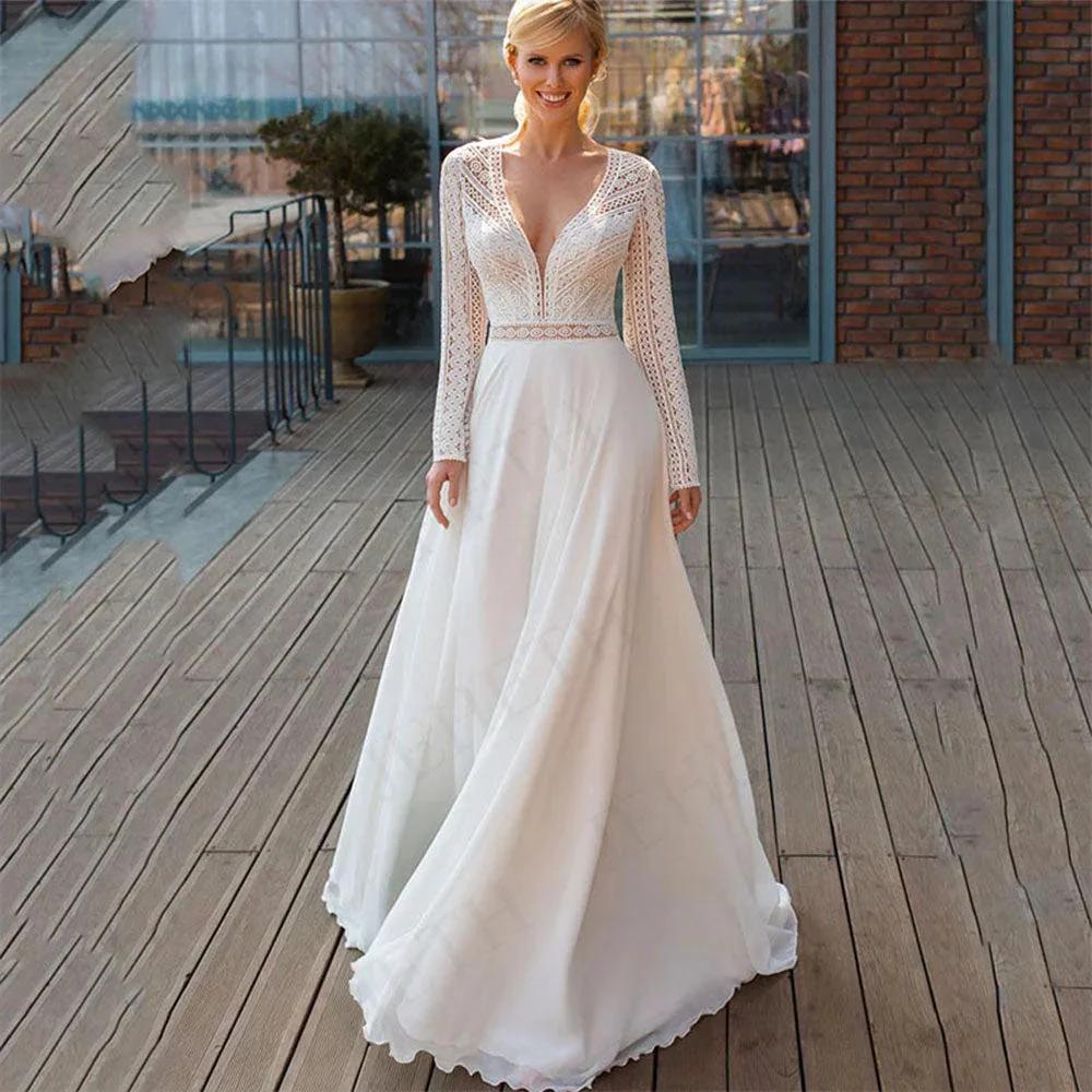 Wedding Dresses Long Sleeves Bohemian Illusion Lace Appliqued Chiffon Bridal Gowns Beach V-Neck A Line Robes (ZD13527)