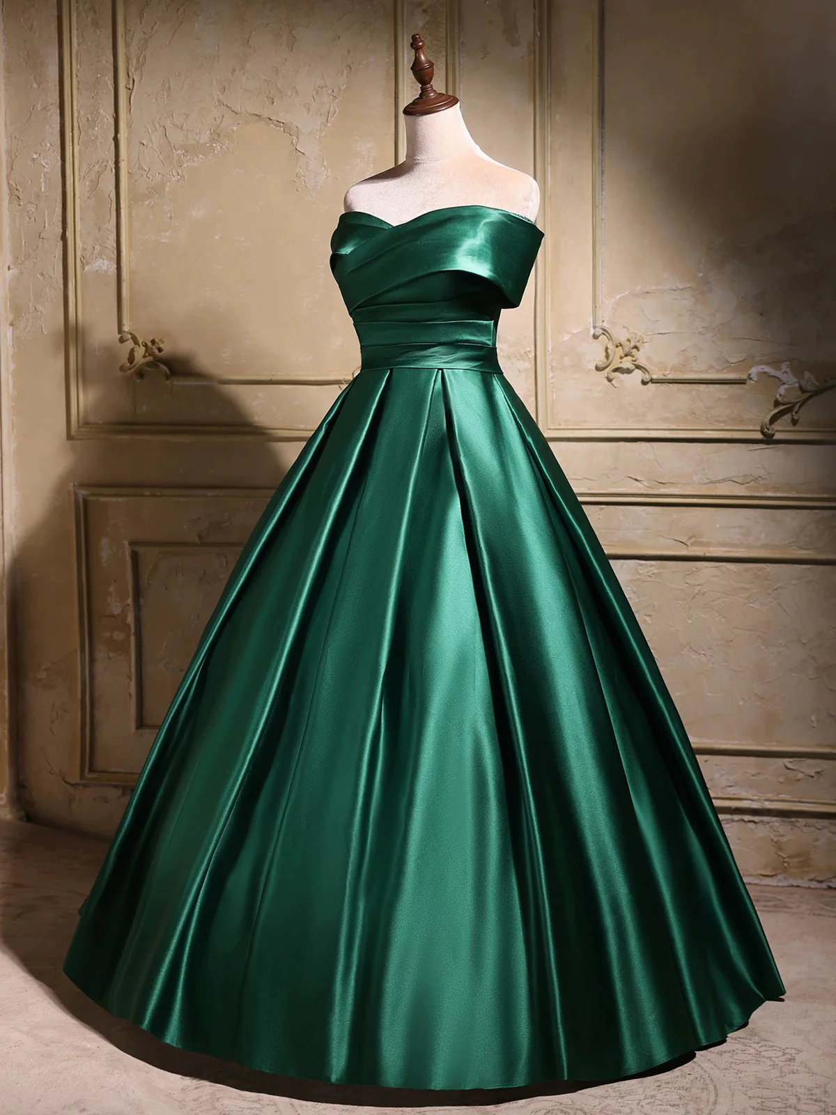 Elegant Emerald Green Satin Off-Shoulder Prom Dress, Long A-Line Formal Dress - View 4 | VelvetHem