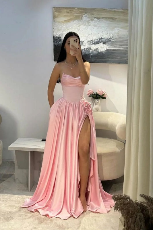 Baby Pink Sweetheart Satin Long Prom Dresses A-Line Party Dress