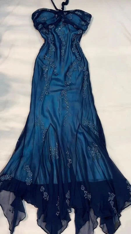 Unique Navy Blue Chiffon Beaded Formal Prom Dress Mermaid Evening Dress - FashionDia