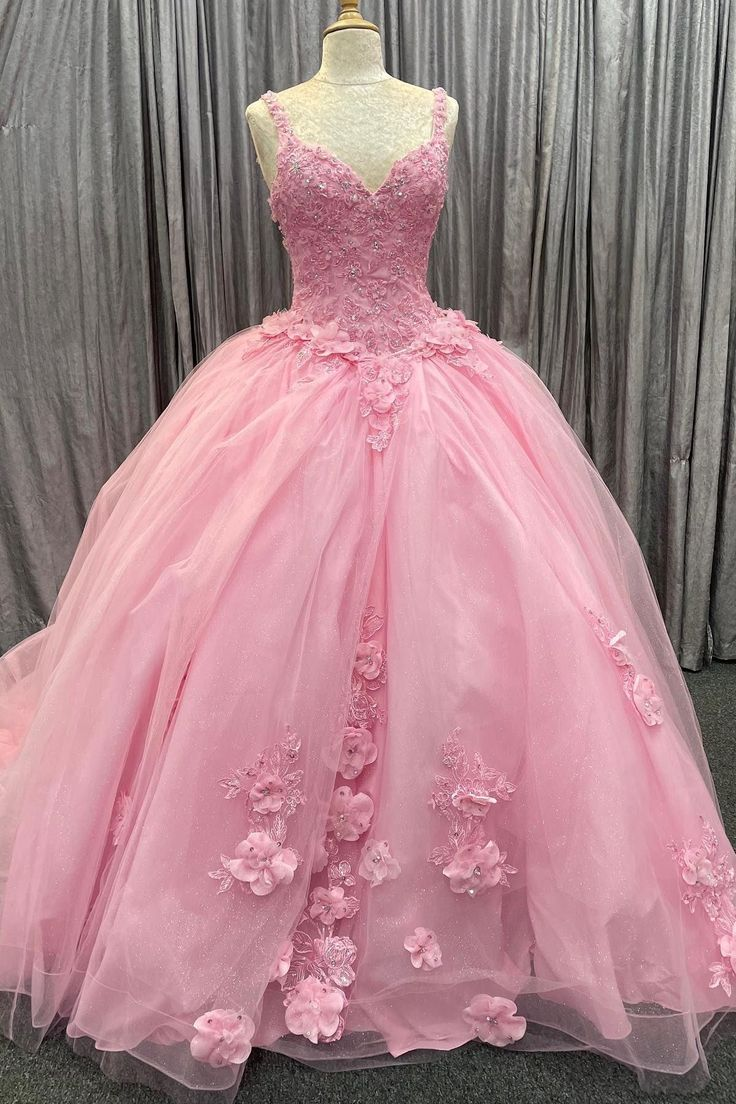 Chic Pink Tulle Floral Appliques Quinceanera Dress Two-Wear Ball Gown - FashionDia