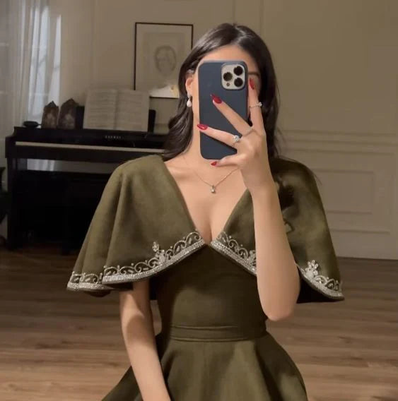 Retro Style V-Neck Long Prom Dress,Winter Dance Dress - View 4 | FashionDia