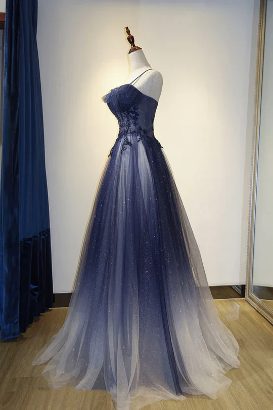 Navy Blue Gradient A-Line Tulle Long Formal Dress J8382