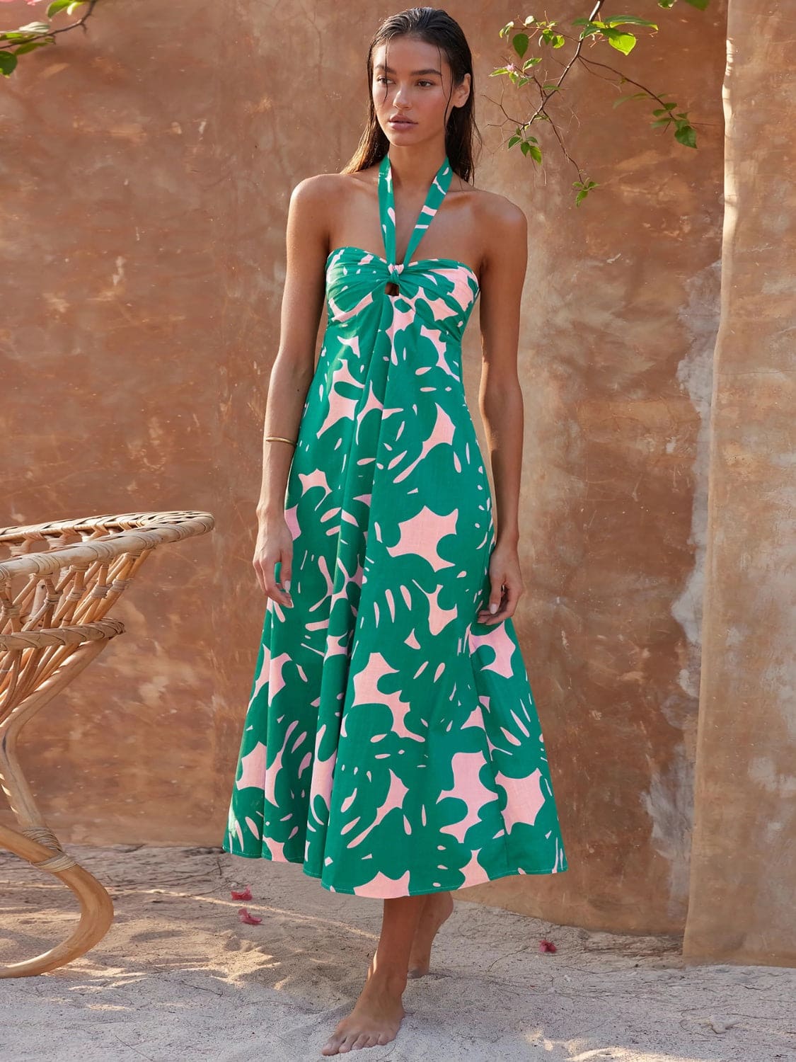Loral Print Halter Maxi Dress - Green