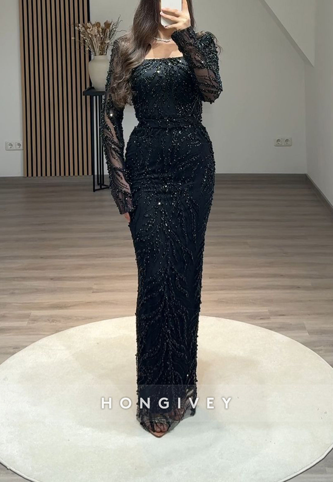 Column Floor-Length Square Long Sleeve Beading Glitter Split Formal Evening Dresses