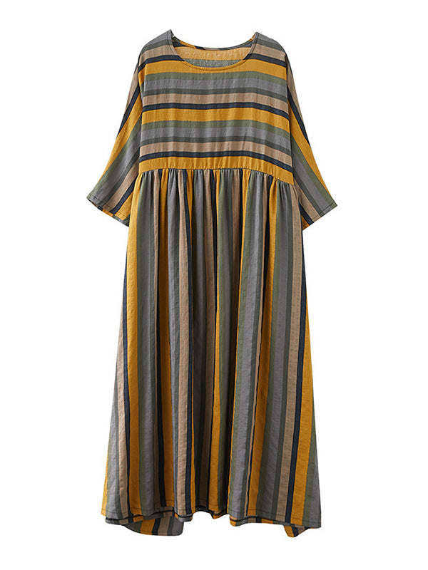 Original Stripe Round-Neck Dress Half Sleeve - Omychic