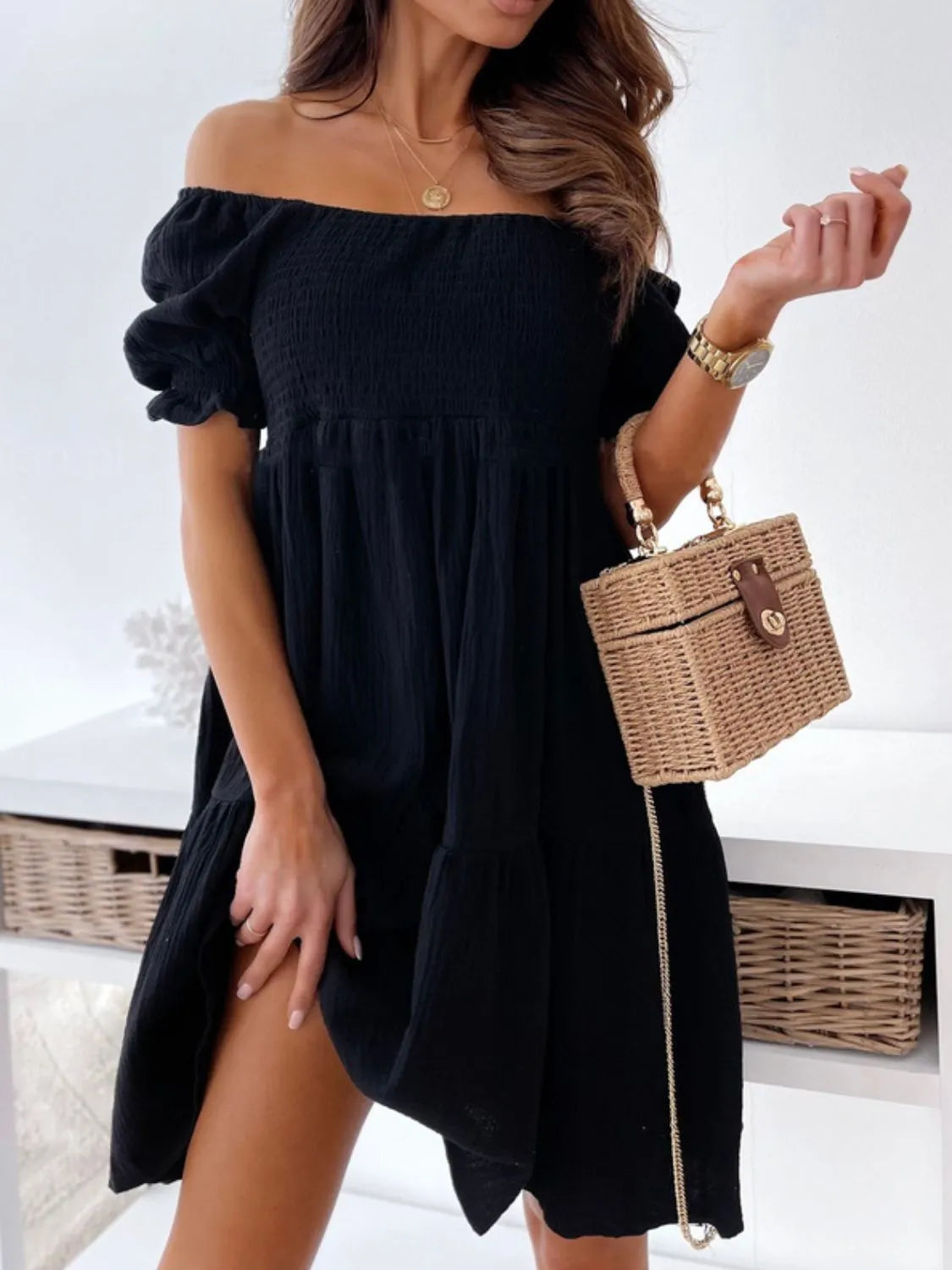 Clara Premium Off the Shoulder Short Sleeved Mini Dress Boutique Collection