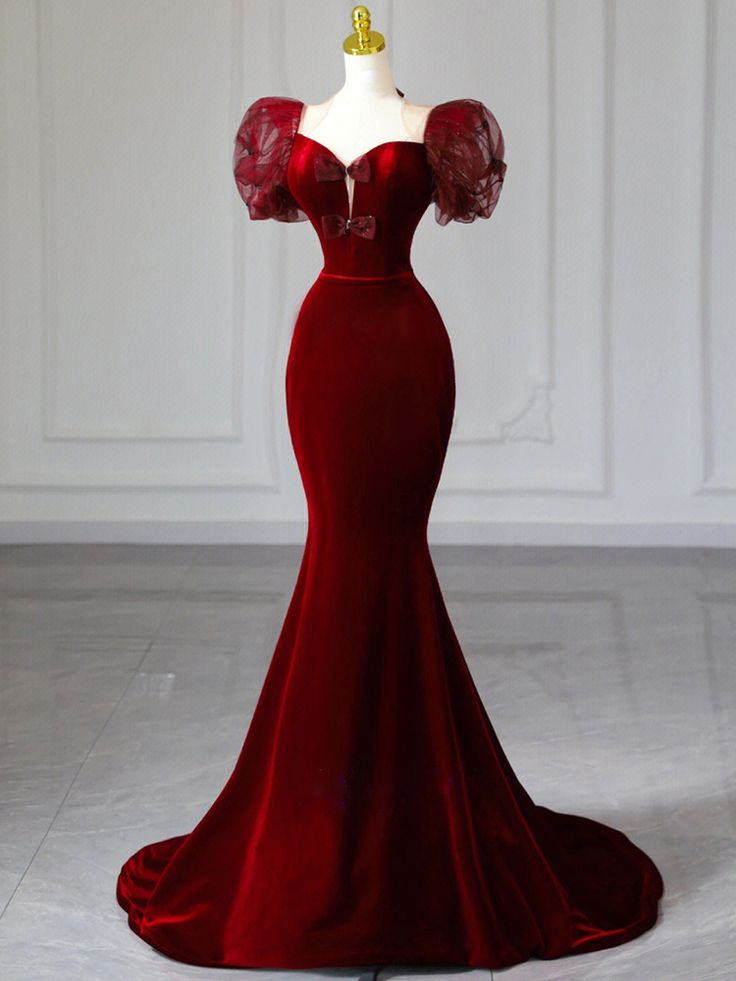 Elegant Burgundy Velvet Mermaid Evening Dress Long Party Prom Dress - FashionDia