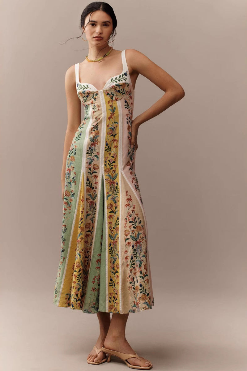 Halter Floral Printed Boho Dress chartreuse / S