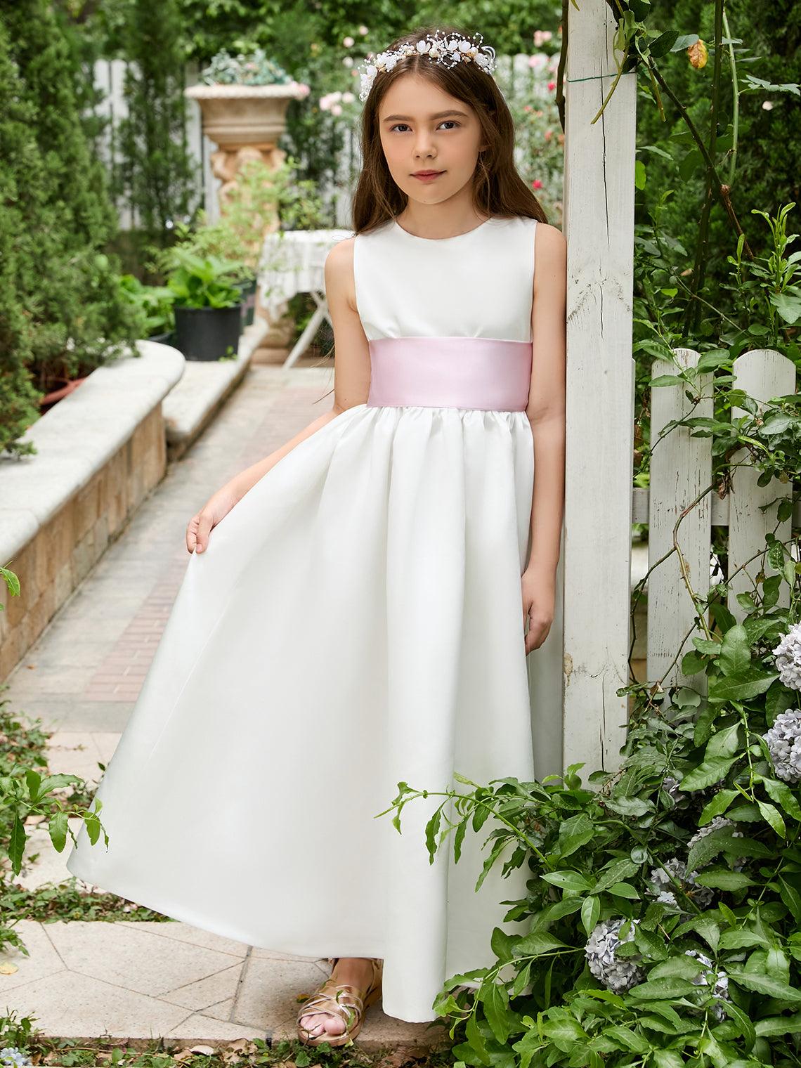 Ivory Satin Flower Girl Ball Gown with Sash Bow | Ankle-Length Tulle Dress (010007314) - View 2 | VelvetHem