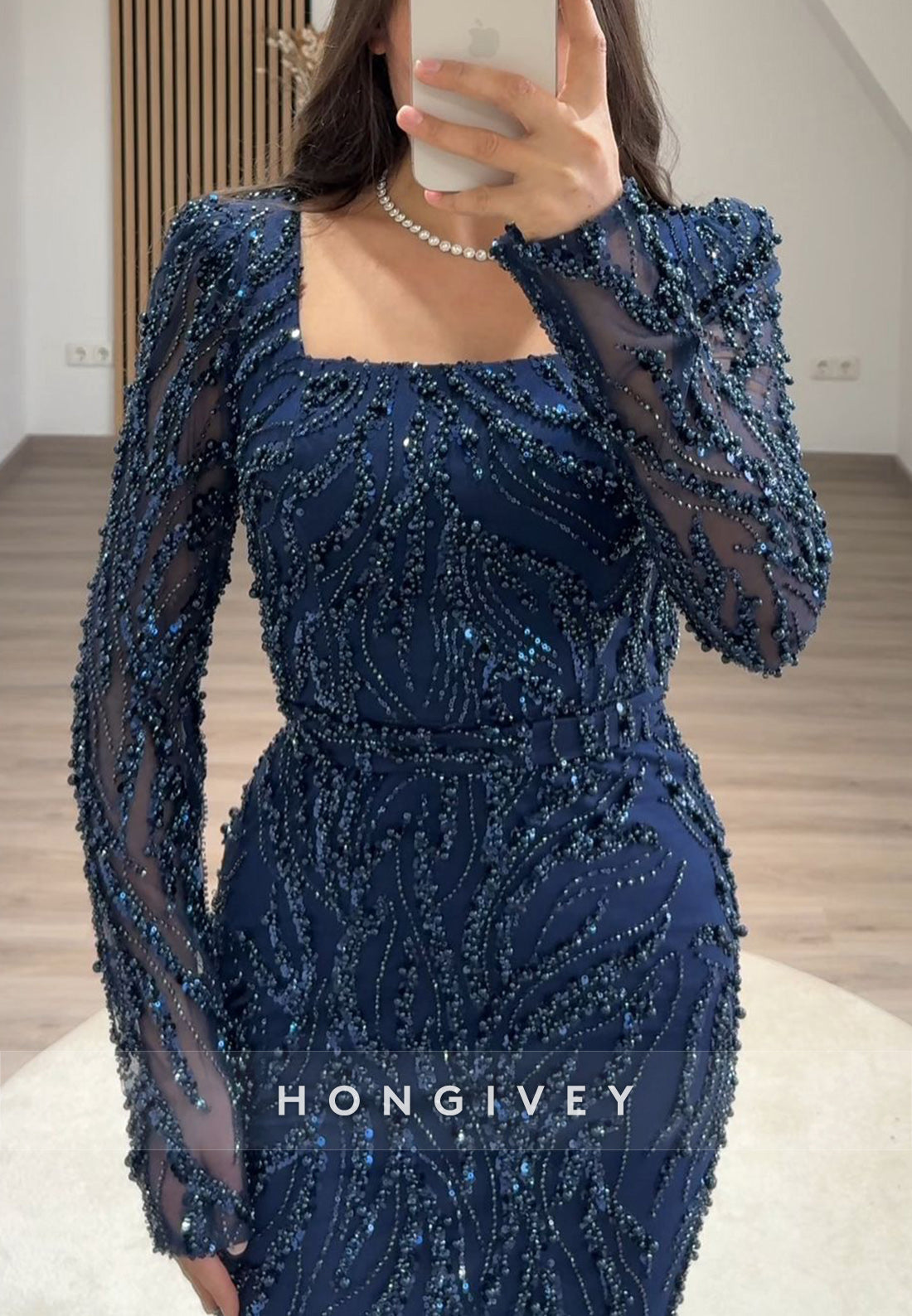 Column Floor-Length Square Long Sleeve Beading Glitter Split Formal Evening Dresses