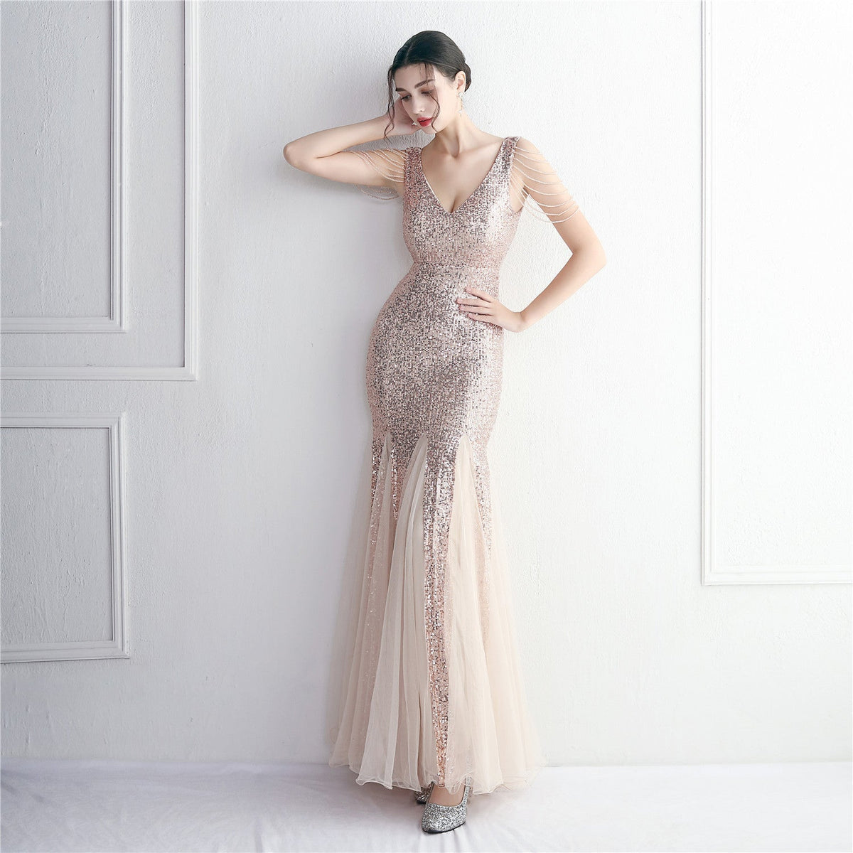 Sequin Mesh Craft Beaded Party Dress: Elegant Long Cocktail Slim Fit Evening Dress - View 2 | VelvetHem