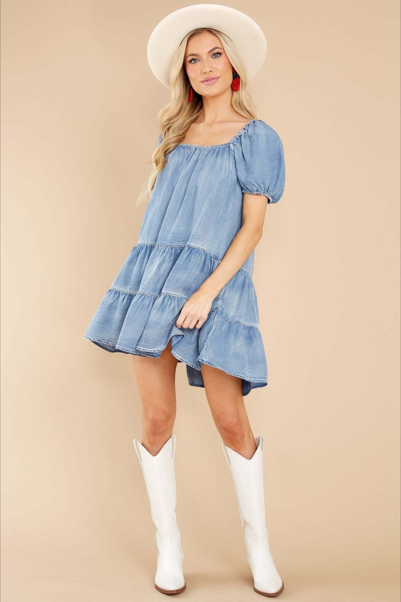 Short Sleeve Tiered Denim Dress - View 3 | VelvetHem