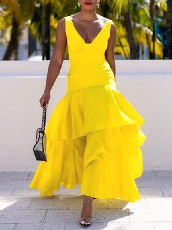 A-Line Loose Solid Color Split-Joint Tiered V-Neck Evening Dresses Maxi Dresses - View 2 | VelvetHem
