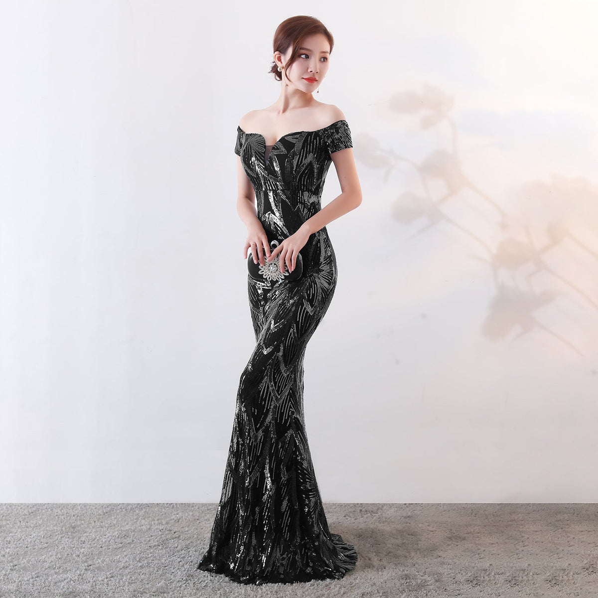 Off the Shoulder Sequined Evening Dress: Long Fish Tail, Slim Fit - View 3 | VelvetHem