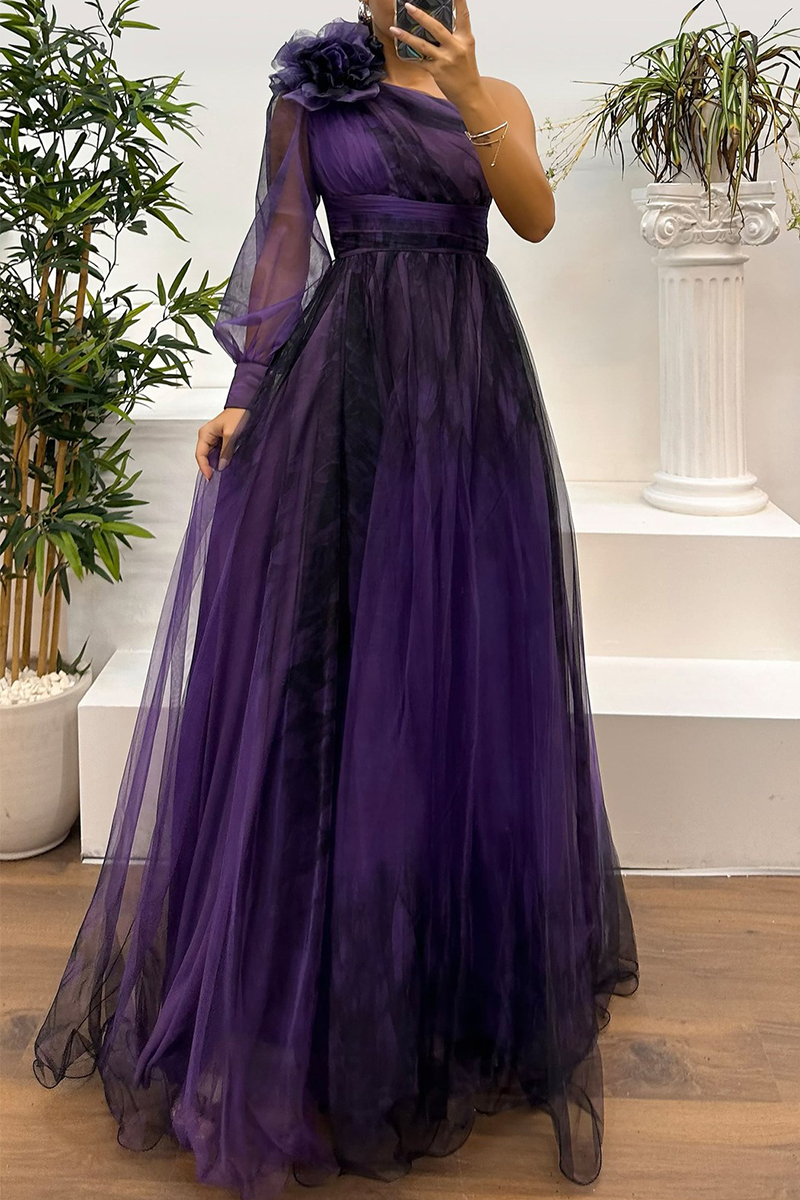 Sexy Prom Floral Print Slit Mesh Flower Shape Sloping Shoulder Evening Dresses(6 Colors) - View 8 | VelvetHem