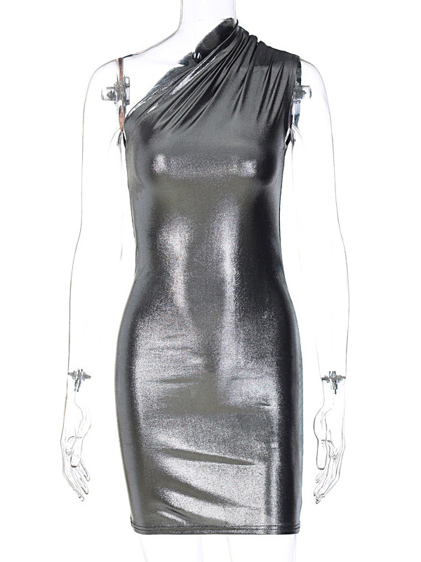 Skinny Asymmetric Shiny Solid Color Split-Joint One-Shoulder Evening Dresses Mini Dresses - View 14 | VelvetHem