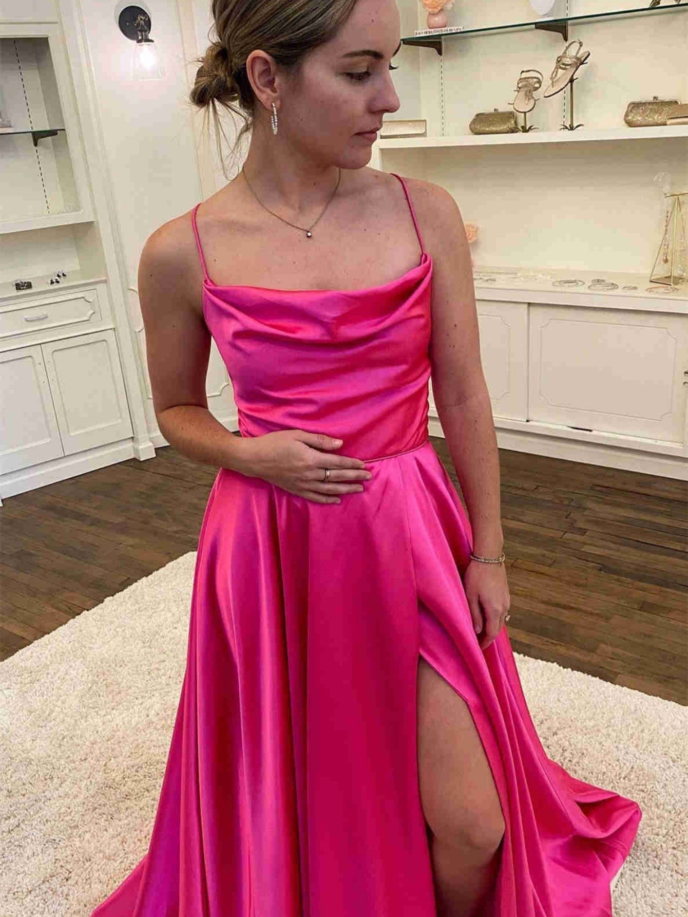 Orange Satin A Line Tight Long Prom Dress With Slit - Fashionpara