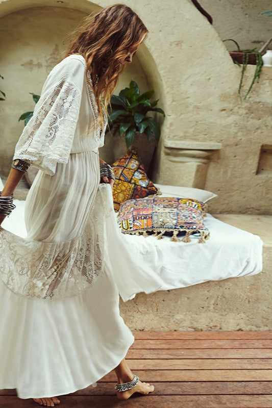 Rayon Lace Spliced Beach CoverUp Loose Boho Dress