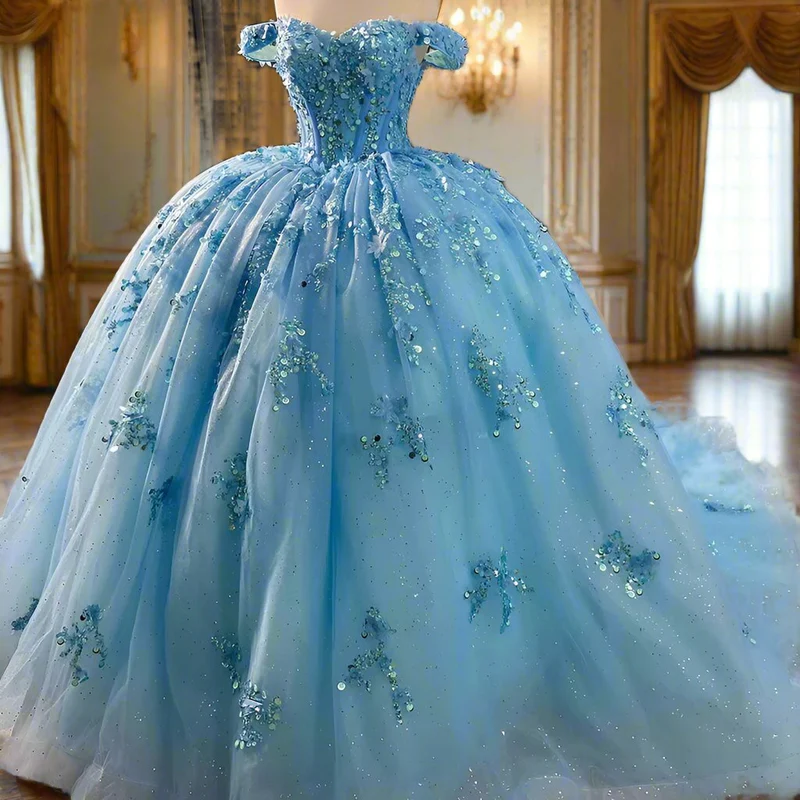 Sparkly Blue Sequins Beaded Ball Gown Luxury Off The Shoulder Sweet 16 Dress Birthday Dress - VelvetHem