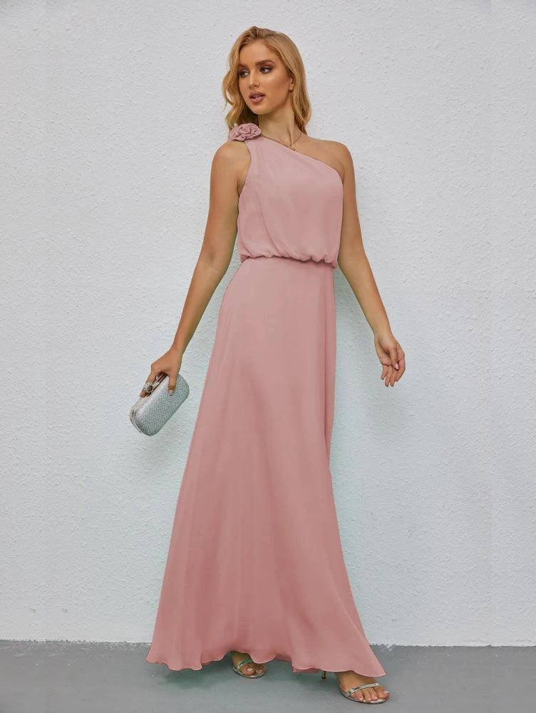 Ruffled One Shoulder Sleeveless Long Bridesmaid Dresses A-line Formal Evening Gown Side Split 28080 by numbersea