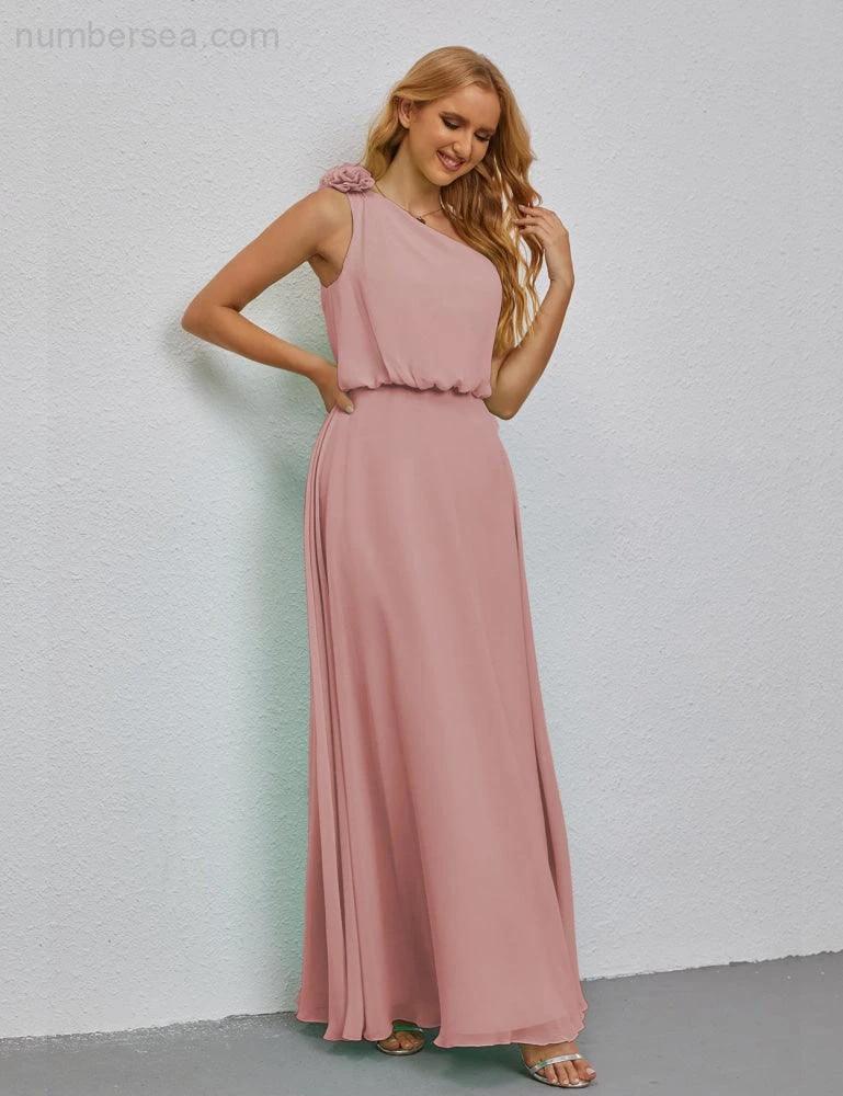 Ruffled One Shoulder Sleeveless Long Bridesmaid Dresses A-line Formal Evening Gown Side Split 28080 (ZD17018)