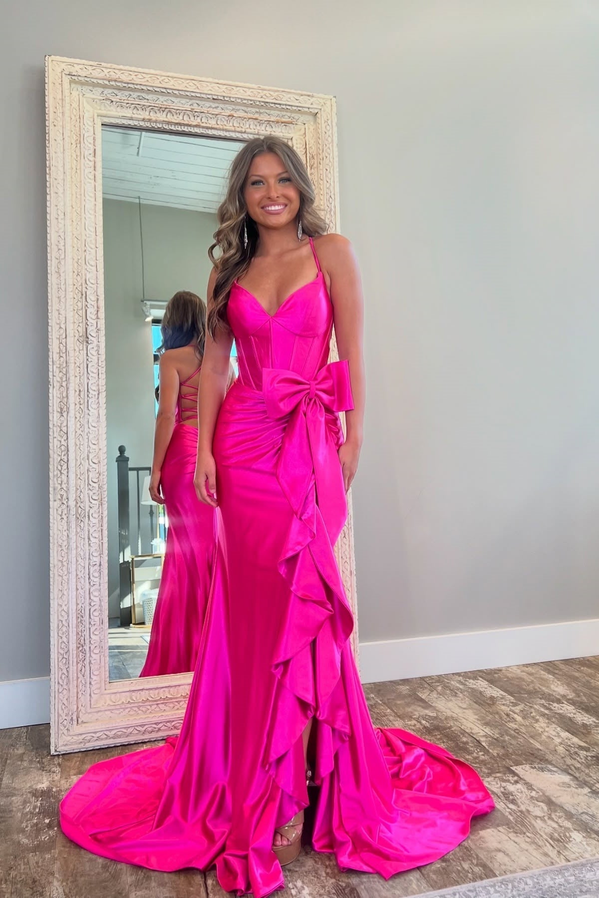 Lovely Pink Mermaid Lace Up Long Satin Prom Dress with Bowknot and Slit