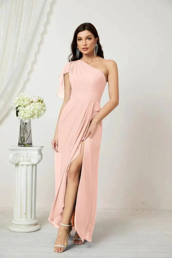 Numbersea Chiffon Ruffled One Shoulder Long Bridesmaid Dresses A-line Formal Evening Gown Side Split 2809 by numbersea