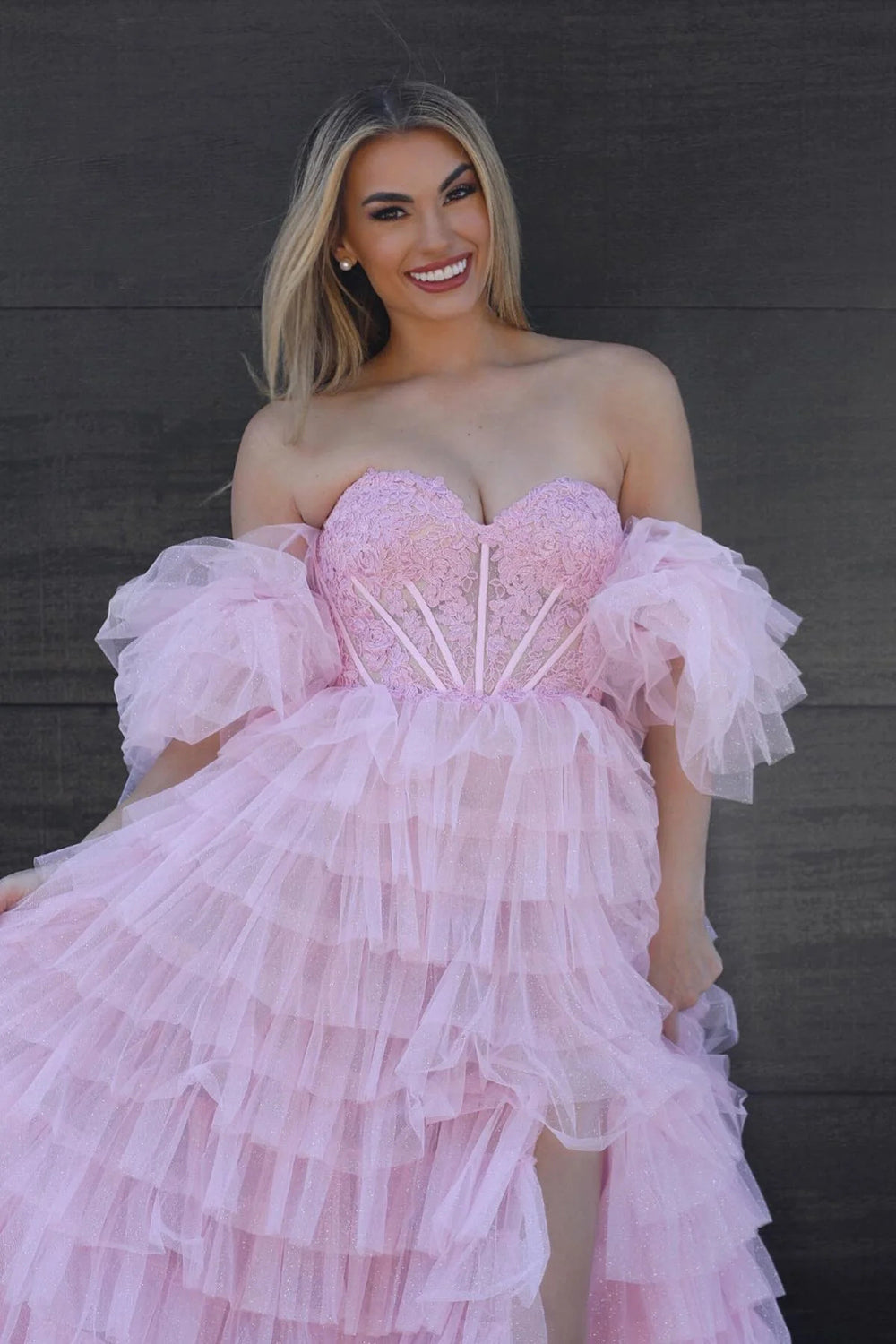Princess A-Line Sweetheart Pink Corset Prom Dress with Ruffles Split Front - View 2 | FashionDia