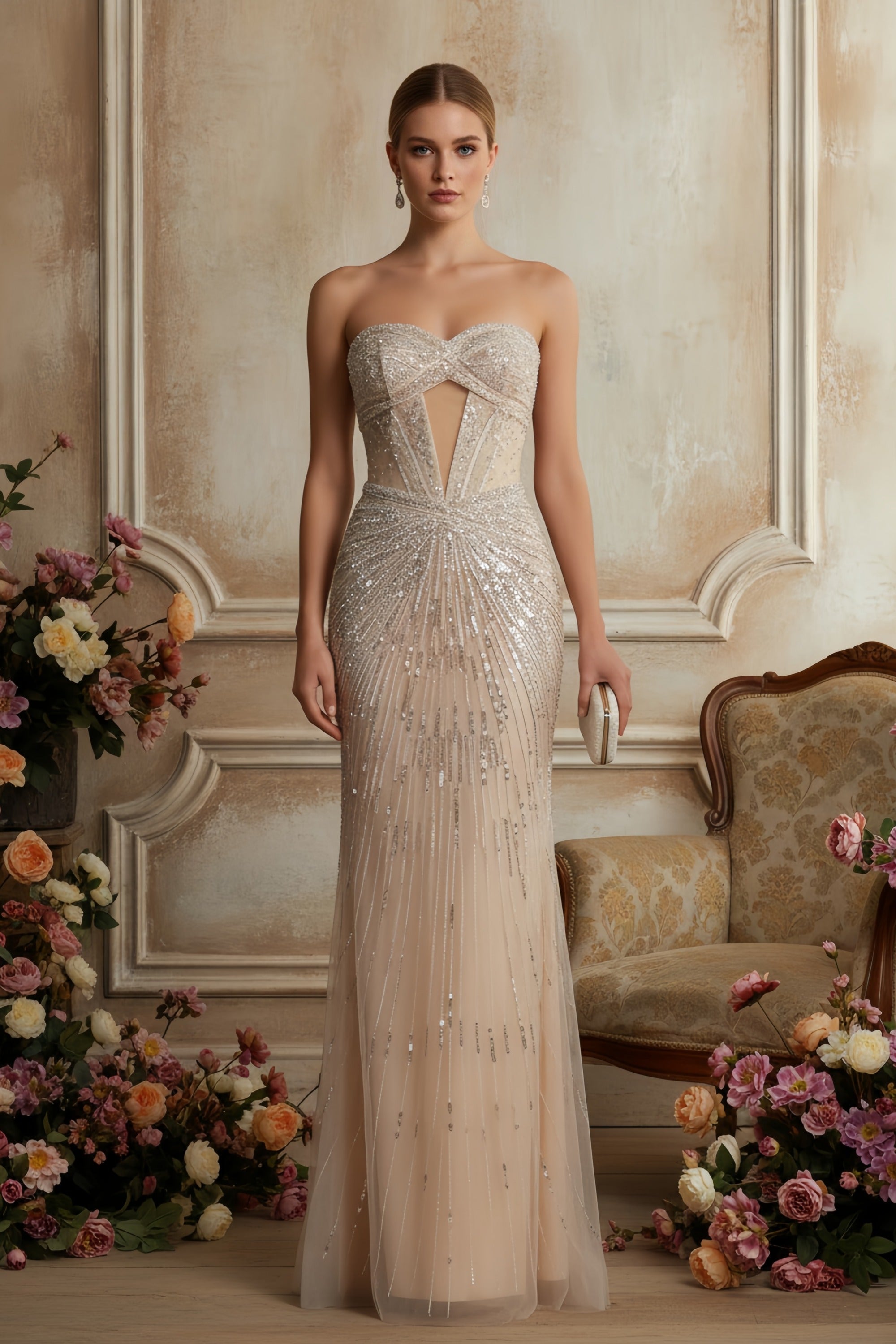 Elegant Strapless Embellished Evening Gown with Illusion Cutout
