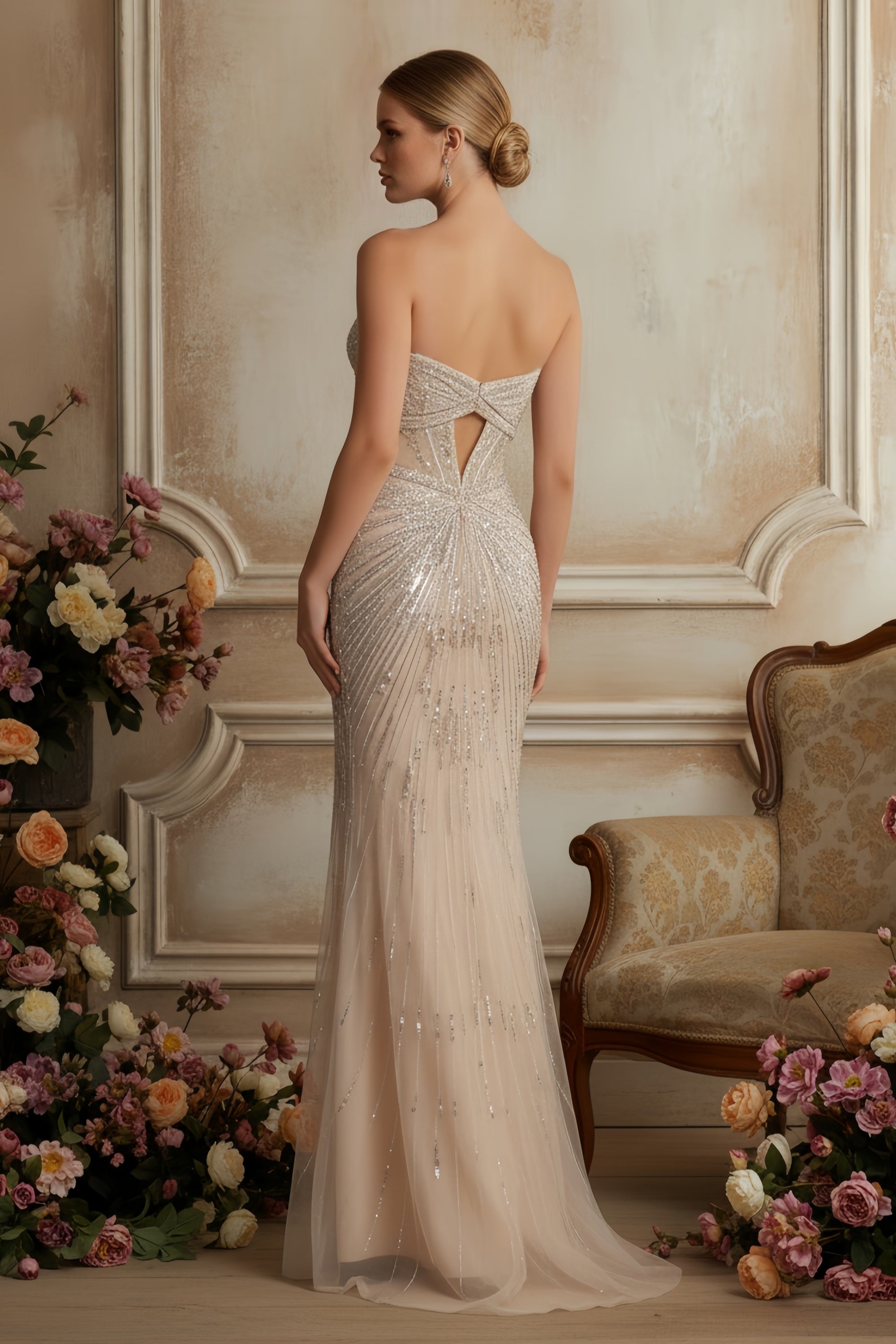 Elegant Strapless Embellished Evening Gown with Illusion Cutout