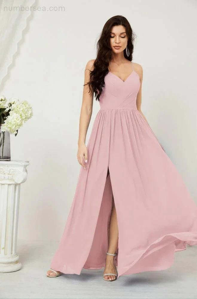 ZapDress Neck Bridesmaid Dresses Chiffon Long Spaghetti A-line Formal Prom Gown for Wedding Party Evening 2801 (ZD16961)