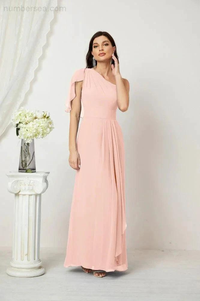 ZapDress Chiffon Ruffled One Shoulder Long Bridesmaid Dresses A-line Formal Evening Gown Side Split 2809 (ZD17049)