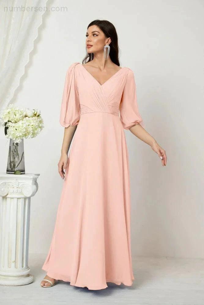 ZapDress Formal Prom Gown Women V-Neck Chiffon Bridesmaid Dresses Long Bishop Sleeve Party Dress 2807 (ZD17027)