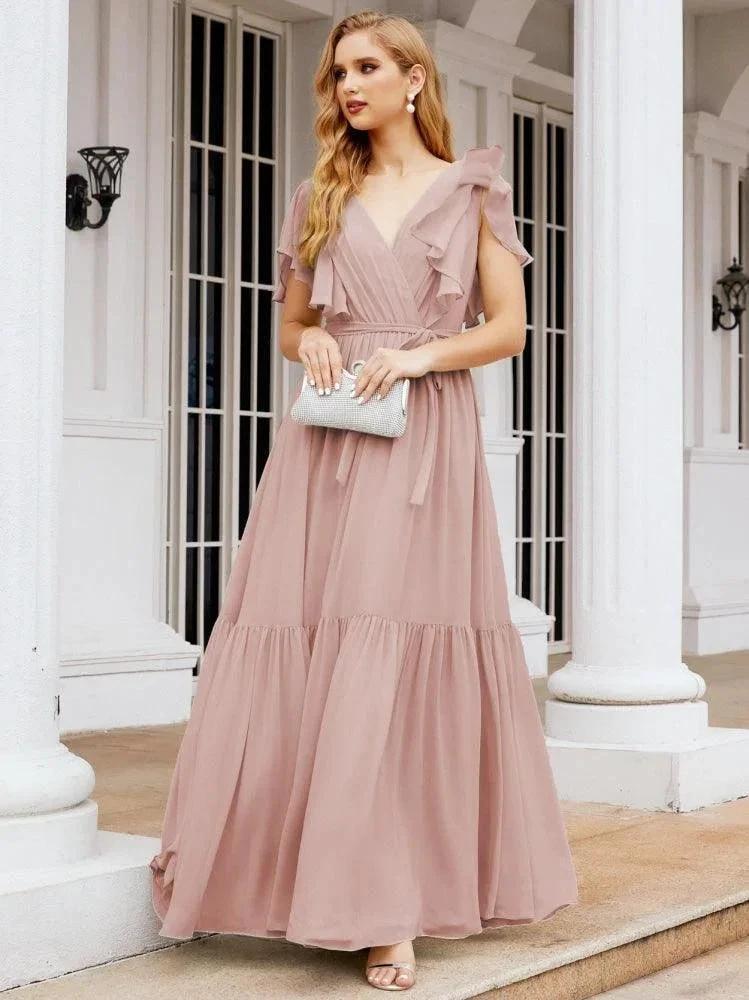 Numbersea Women's Open Back Formal Evening Party Prom Gowns V-Neck Long Chiffon Bridesmaid Dresses with Waist Belt 28038 by numbersea