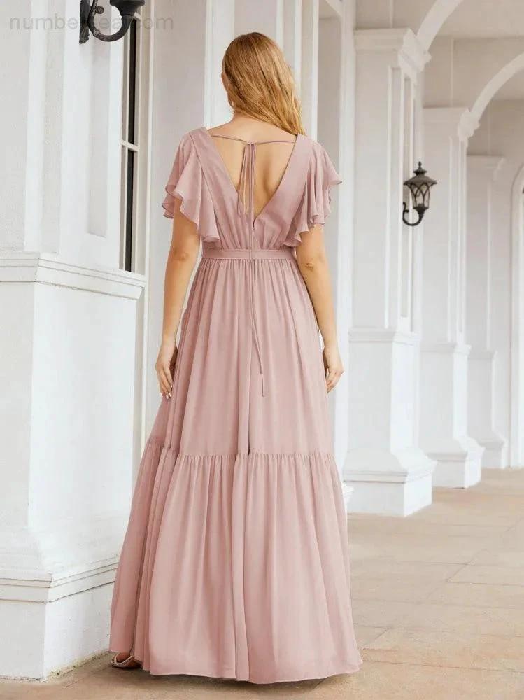 ZapDress Women's Open Back Formal Evening Party Prom Gowns V-Neck Long Chiffon Bridesmaid Dresses with Waist Belt 28038 (ZD17000)