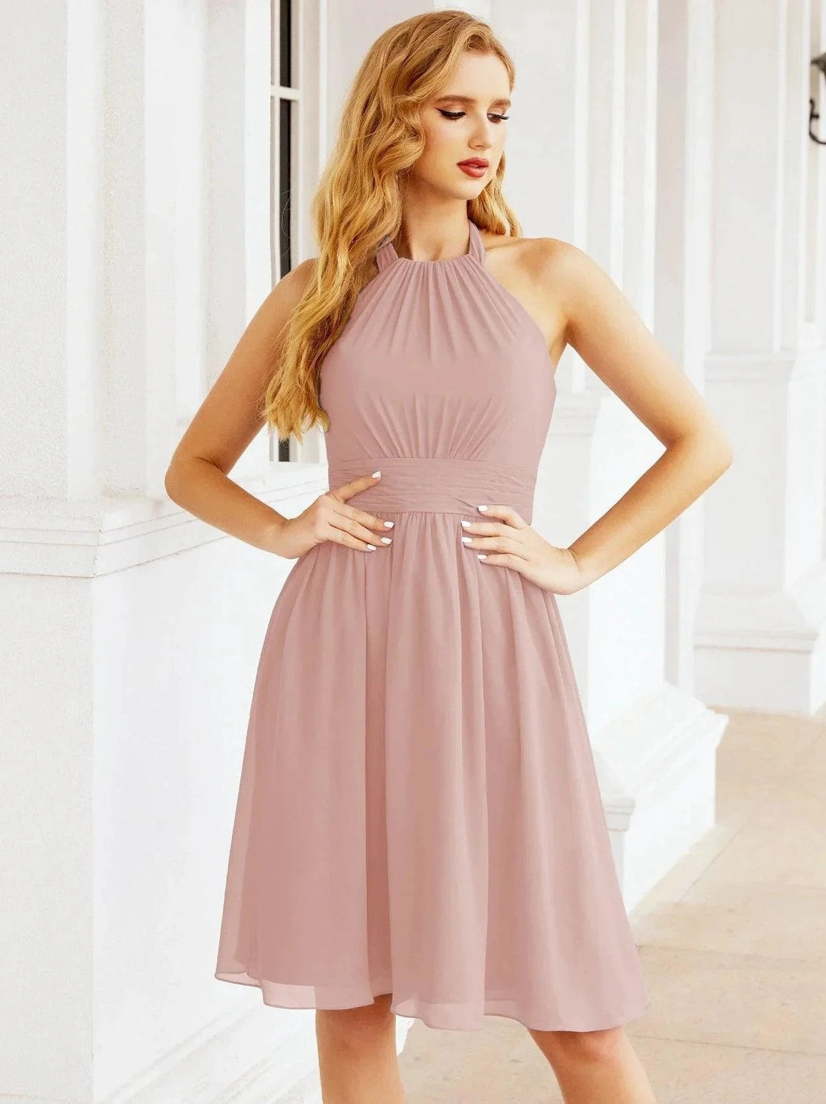 ZapDress Halter Chiffon Bridesmaid Dresses Short Sleeveless Formal Party Dress Open Back 28023 (ZD16957)