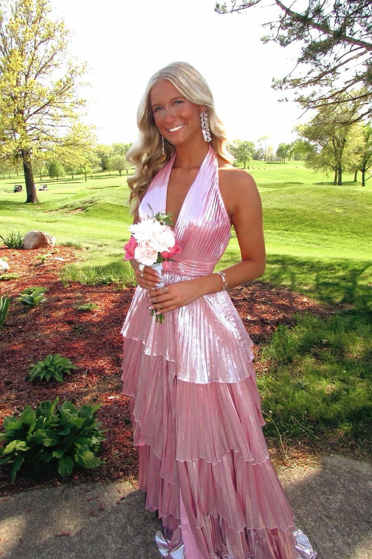 Halter Pink Pleated Long Formal Dress V Neck Evening Dress J8655