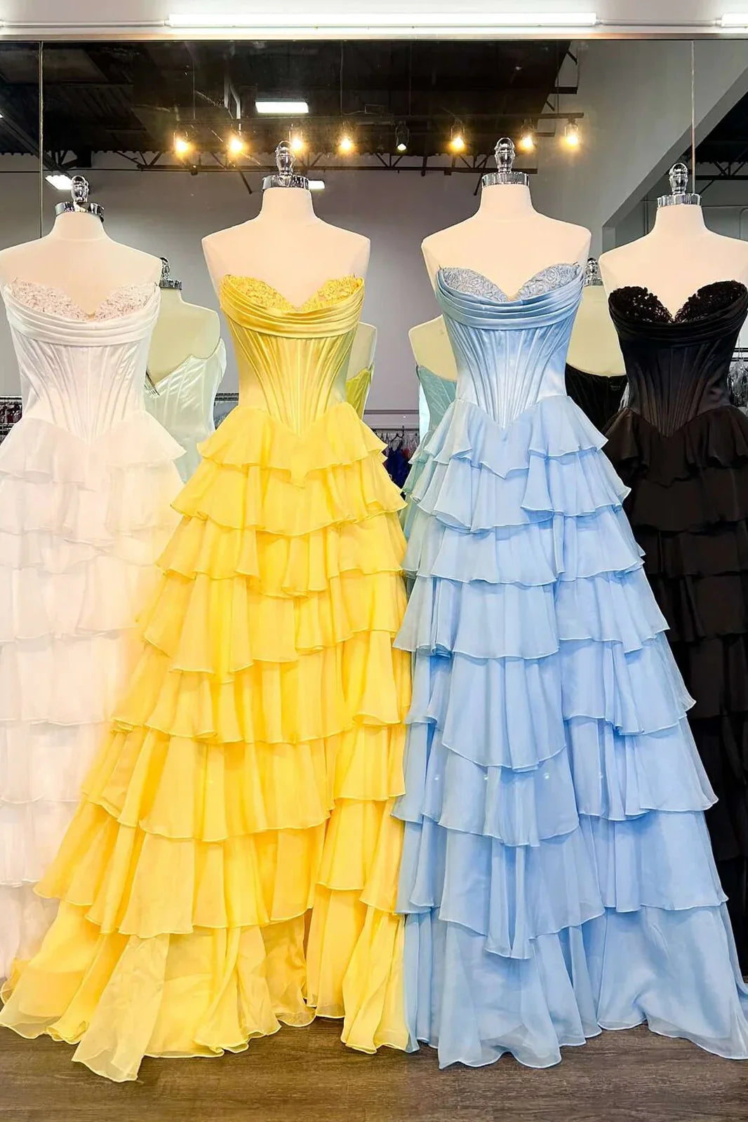 Lovely Yellow A-Line Sweetheart Long Tiered Prom Dress with Slit - View 12 | FashionDia