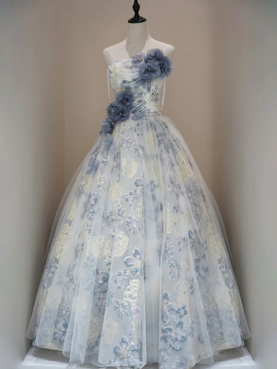 Blue Tulle Flower Strapless Pleated Prom Dress Beautiful Ball Gown - FashionDia
