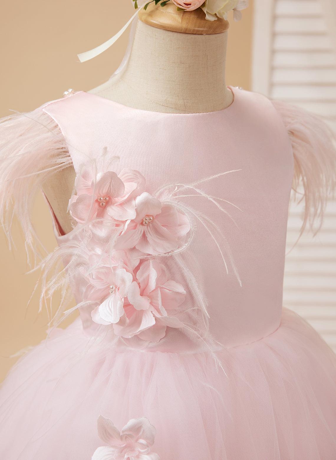 Princess Sleeveless Tulle Flower Girl Dress with Beading and Feather Bow (010224704)