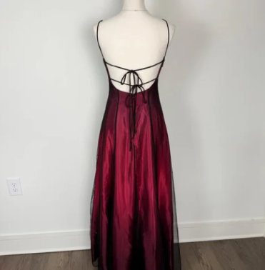 Spaghetti Straps Burgundy Beaded Long Prom Dress Vintage Evening Dress