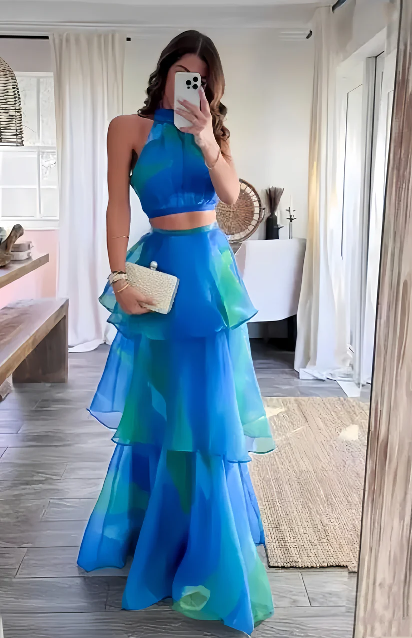 Beautiful Halter Blue A Line Layered Party Prom Dress
