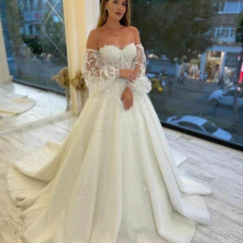 Sweetheart Tulle Wedding Dresses Off Shoulder Lace Up Appliqued Beaded Vestido De Noiva 2022 Puffed sleeves Lace Bridal Dress by payinti