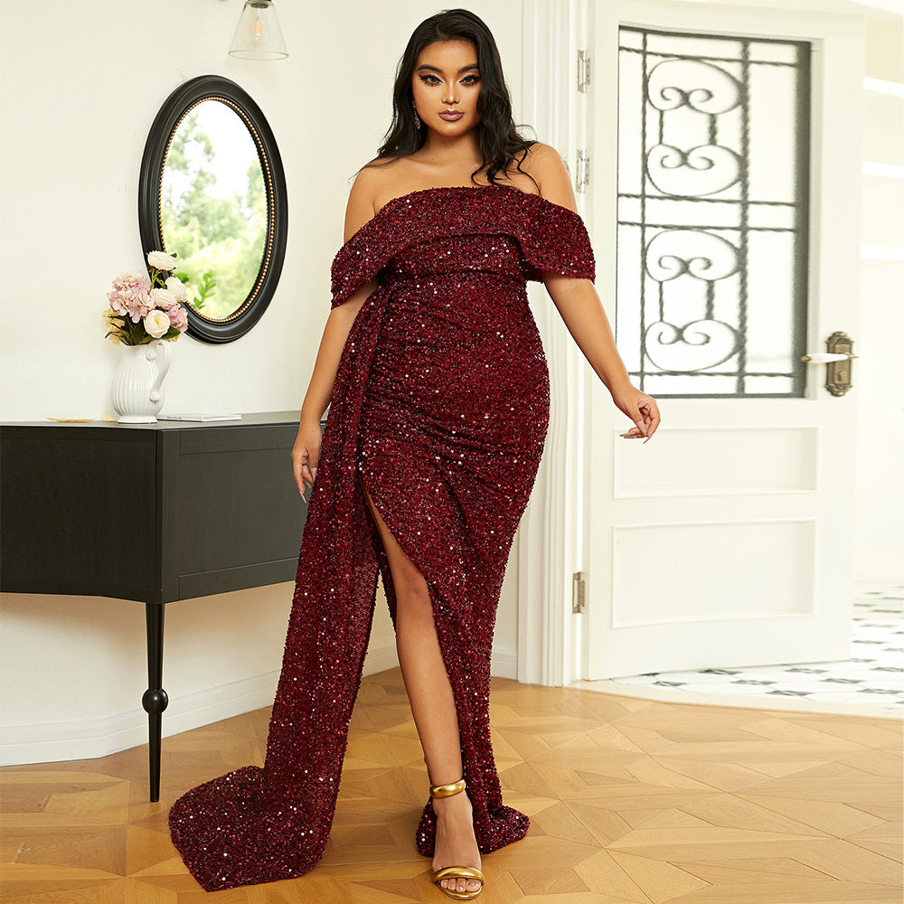 Plus Size Women Long Wedding Party Cocktail Light Sequined Evening Dress - View 2 | VelvetHem